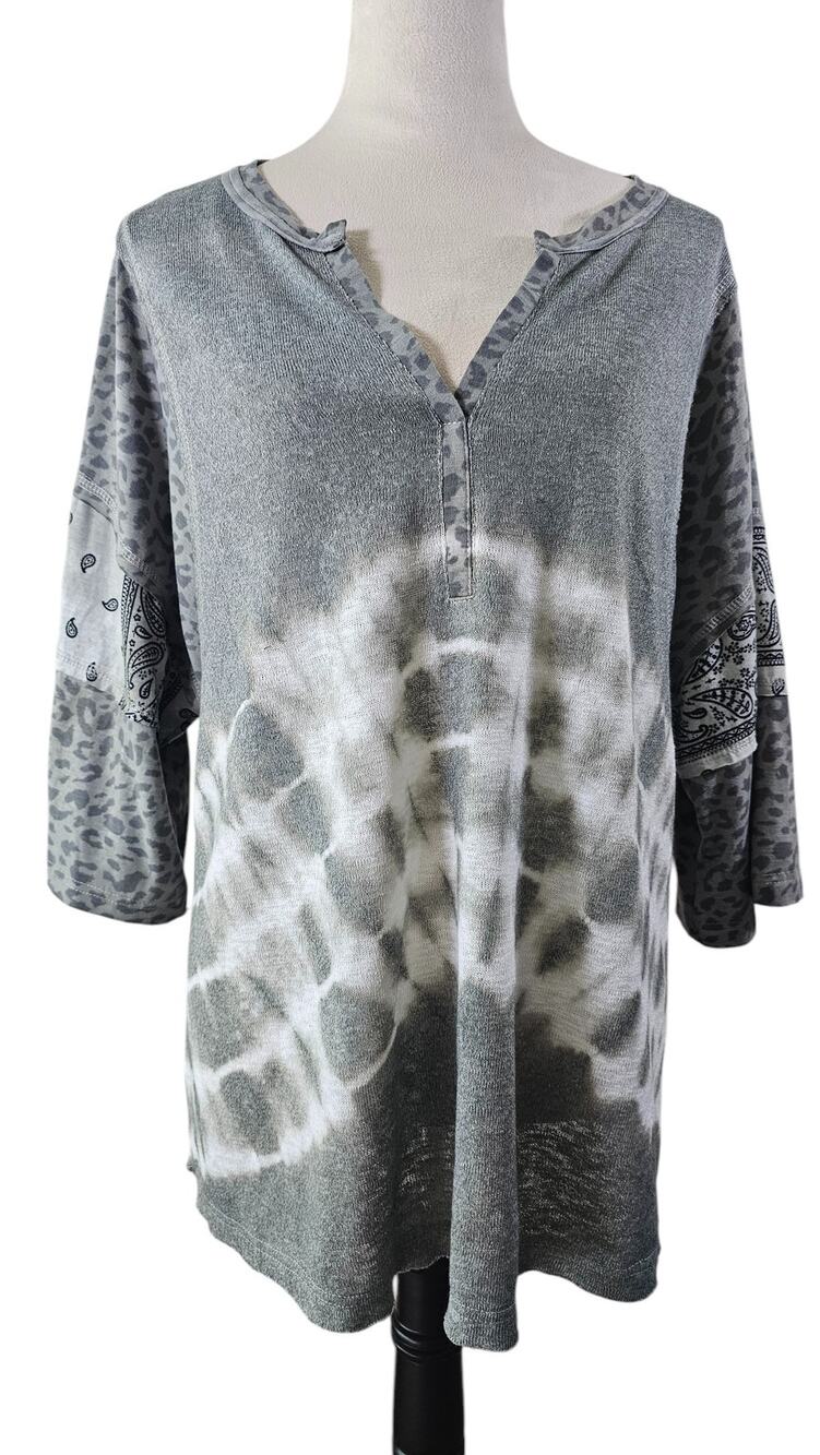 POL Tie Dye Tunic Top Gray Textured Long Sleeve Lagenlook Small